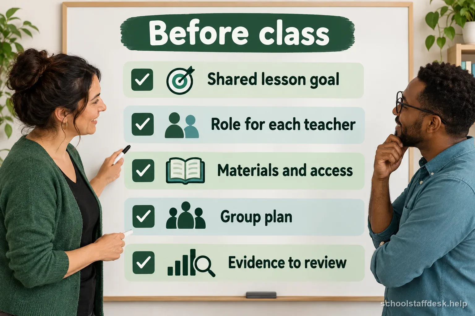 A co-teaching checklist labels a shared goal, teacher roles, materials, grouping, and evidence to review