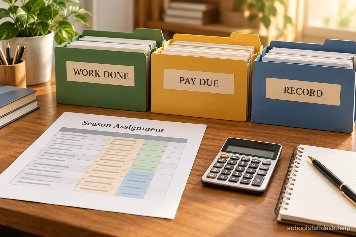 A school employee compares a pay record with a separate supplemental-duty agreement.