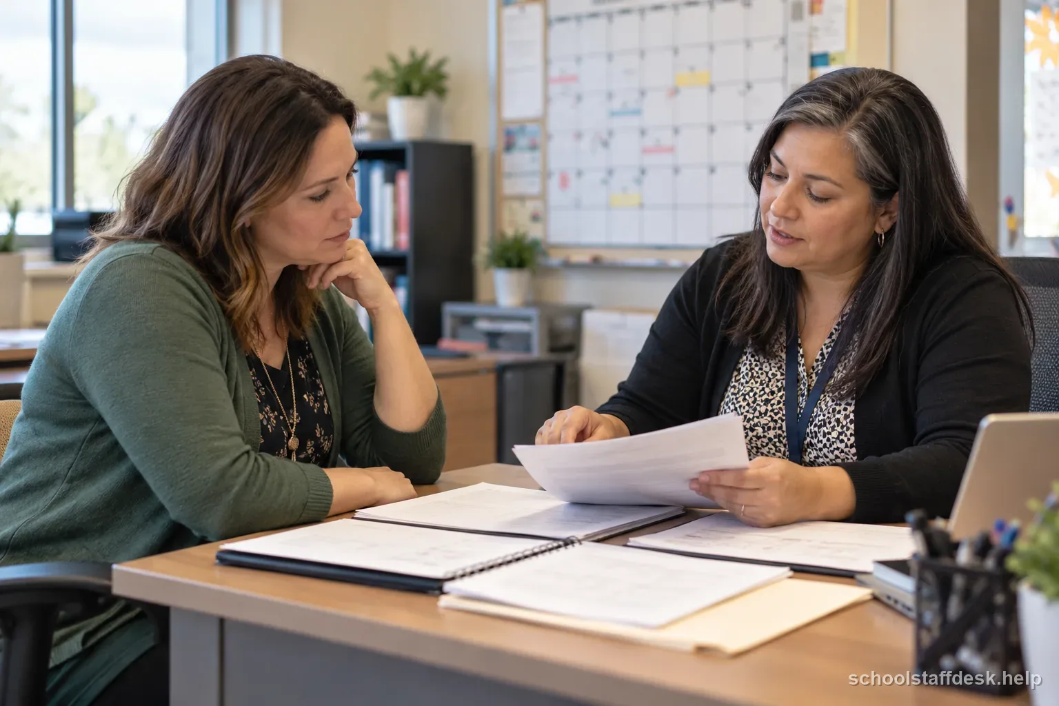 A teacher privately reviews leave paperwork and a work calendar with an HR specialist