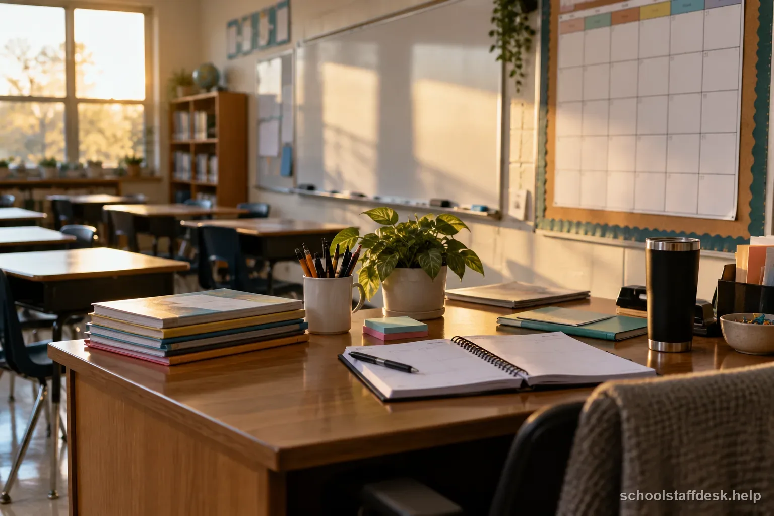 An empty classroom desk with a planner and school calendar before a break