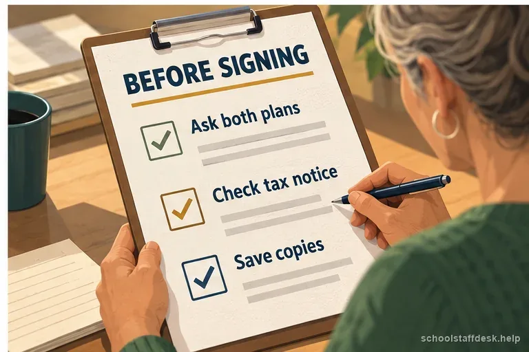 A retirement checklist asks a teacher to contact both plans, read the tax notice, and save copies