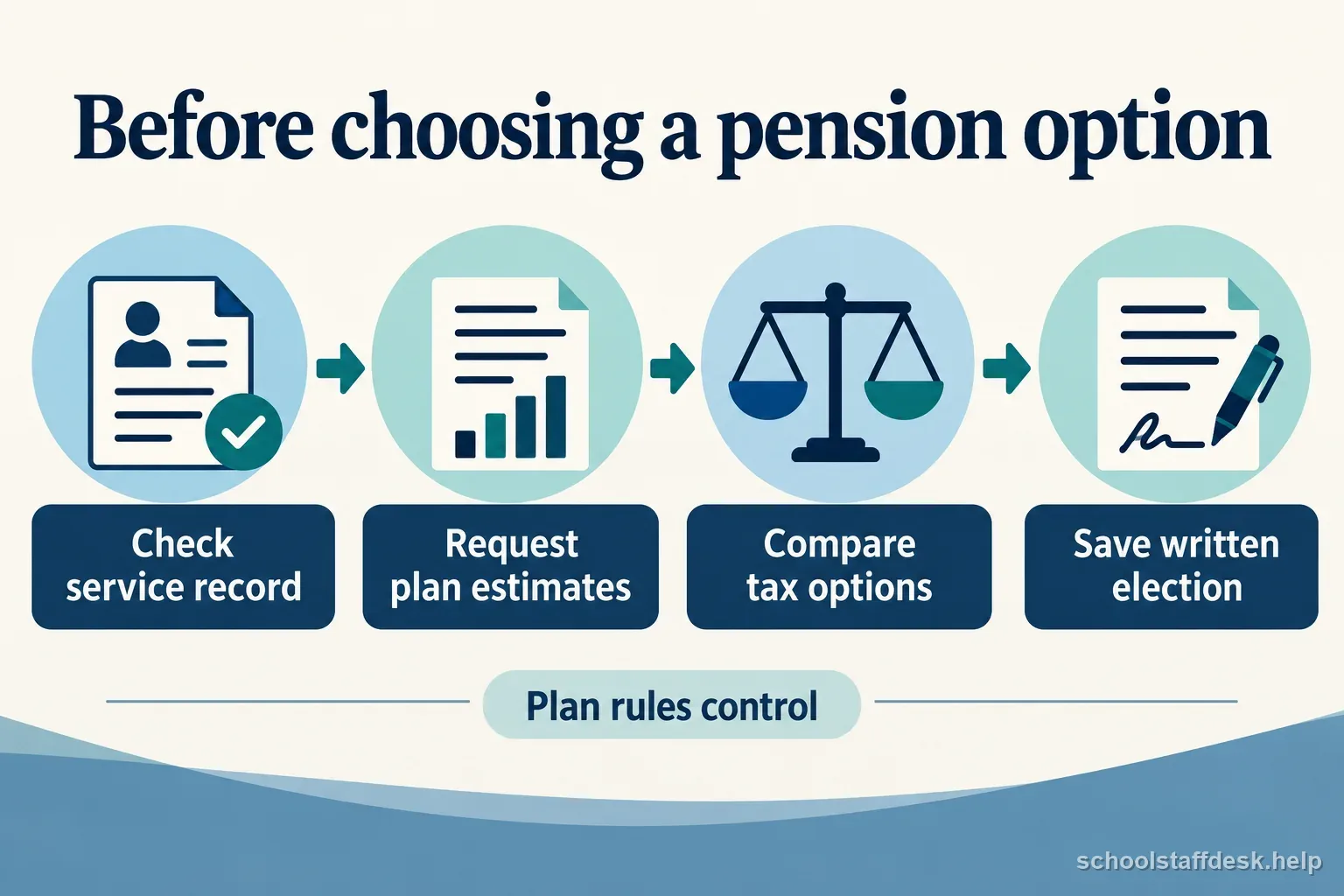 A pension decision infographic labels the service record, plan estimates, tax options, and written election