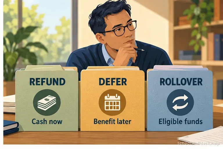 Three labeled folders distinguish a pension refund, a deferred benefit, and eligible rollover funds