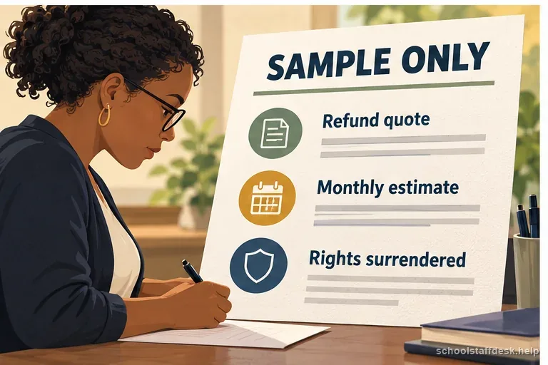 An illustrative pension worksheet lists a refund quote, monthly estimate, and rights surrendered without dollar claims