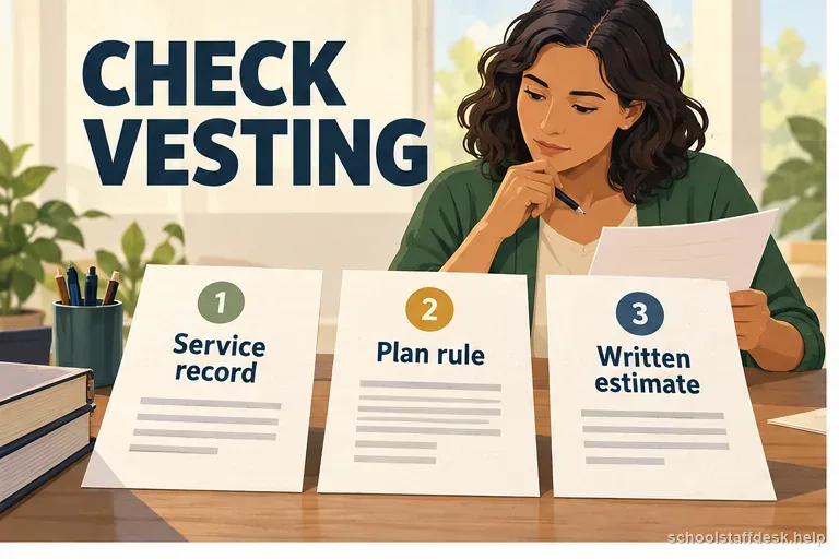 An educator compares a service record, plan rule, and written pension estimate before leaving a school job