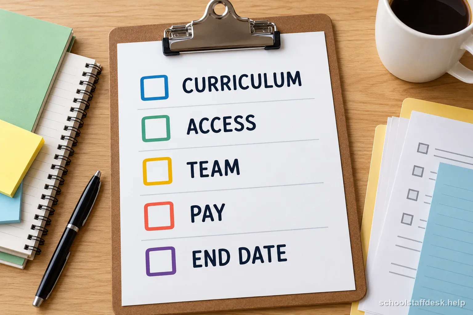 A labeled substitute handoff clipboard lists curriculum, access, team, pay, and end date as topics to confirm.
