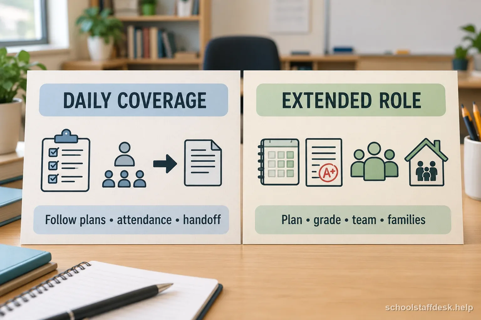 Two labeled panels compare daily substitute coverage with an extended classroom role that includes planning, grading, teamwork, and family communication.