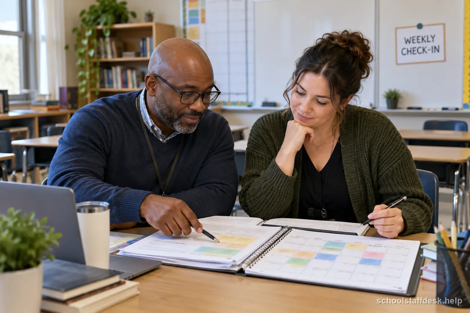 An adult substitute teacher and colleague review a weekly pacing calendar and lesson notes together in an empty classroom.