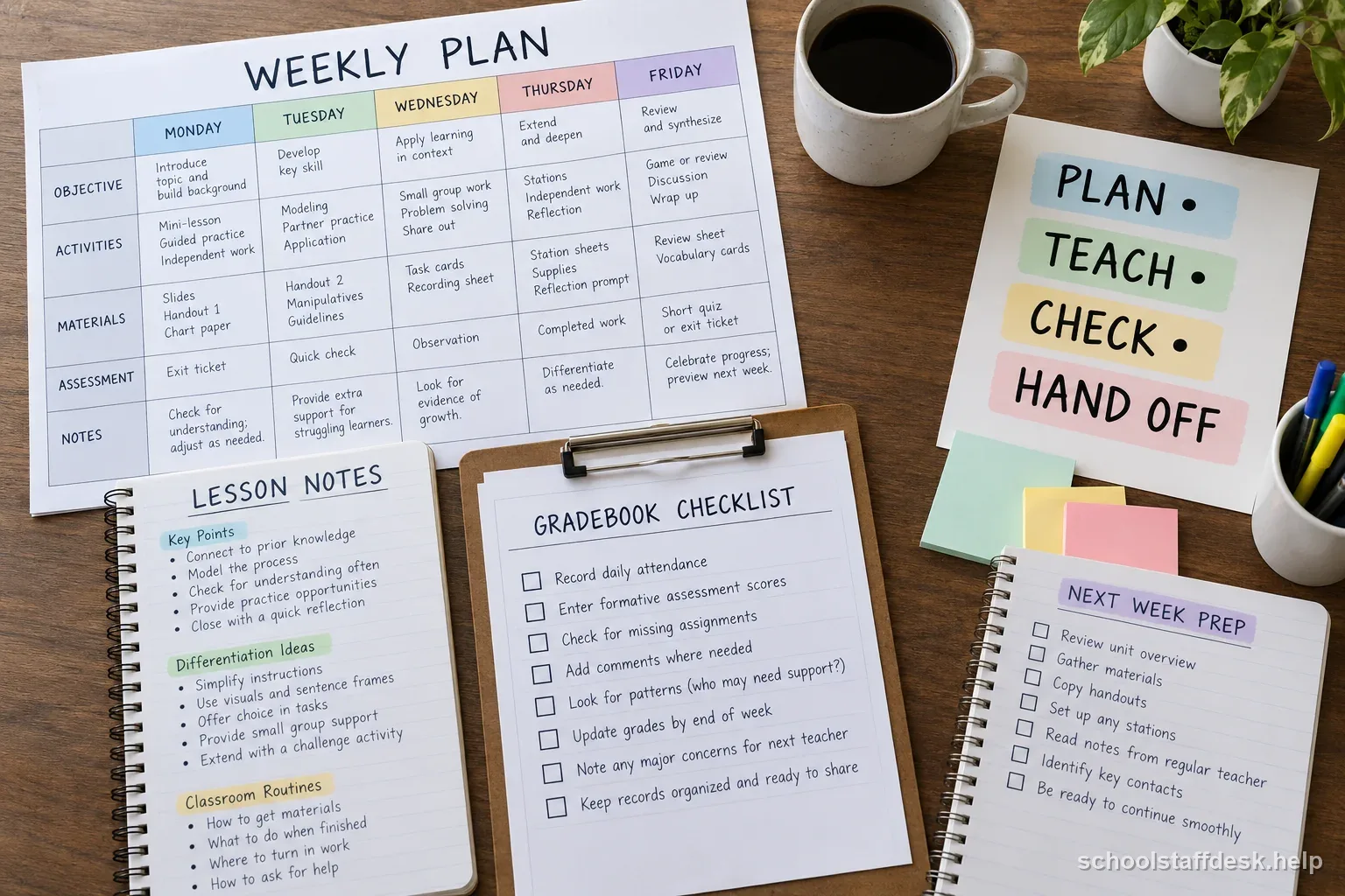 A labeled weekly planner on a classroom desk shows a substitute’s sequence for planning, teaching, checking work, and handing off.