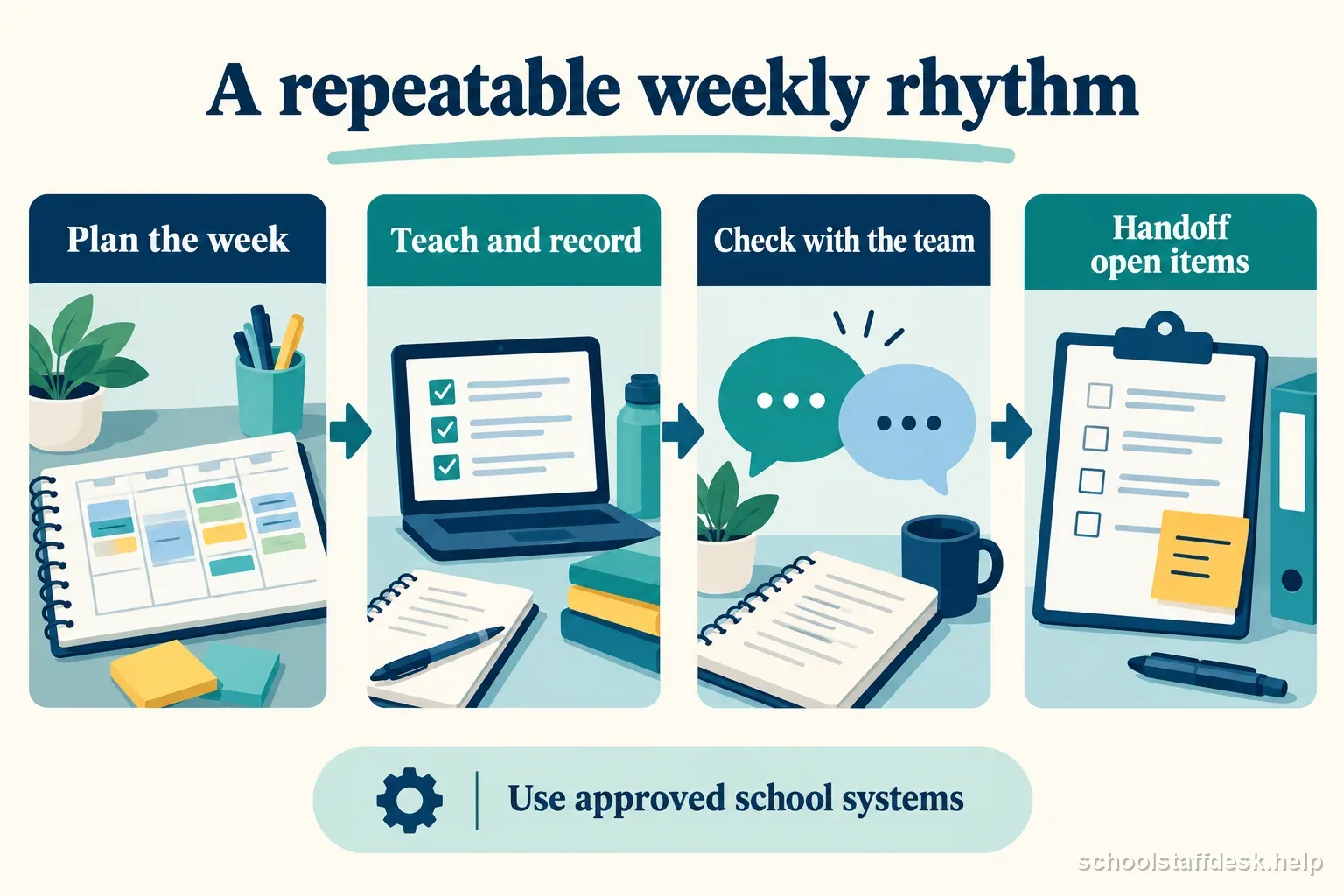 A weekly substitute workflow labels planning, teaching and recording, team check-ins, and handoff of open items