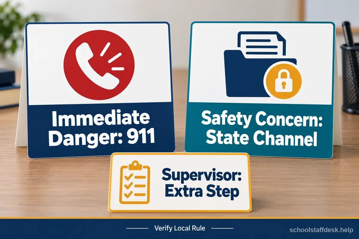 Two neutral desk cards distinguish an urgent emergency phone call from the state child-safety reporting channel.