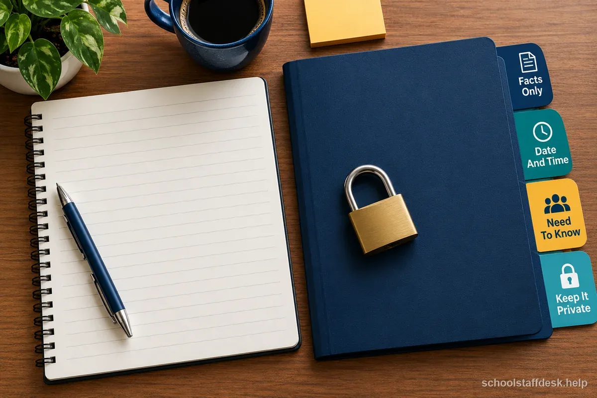 A closed folder, blank notebook, and lock illustrate factual notes, date and time, need-to-know sharing, and privacy.