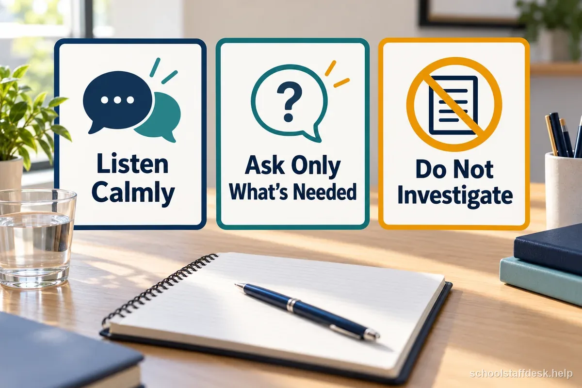 A school staff desk illustration lists calm listening, limited open prompts, and avoiding an amateur investigation.