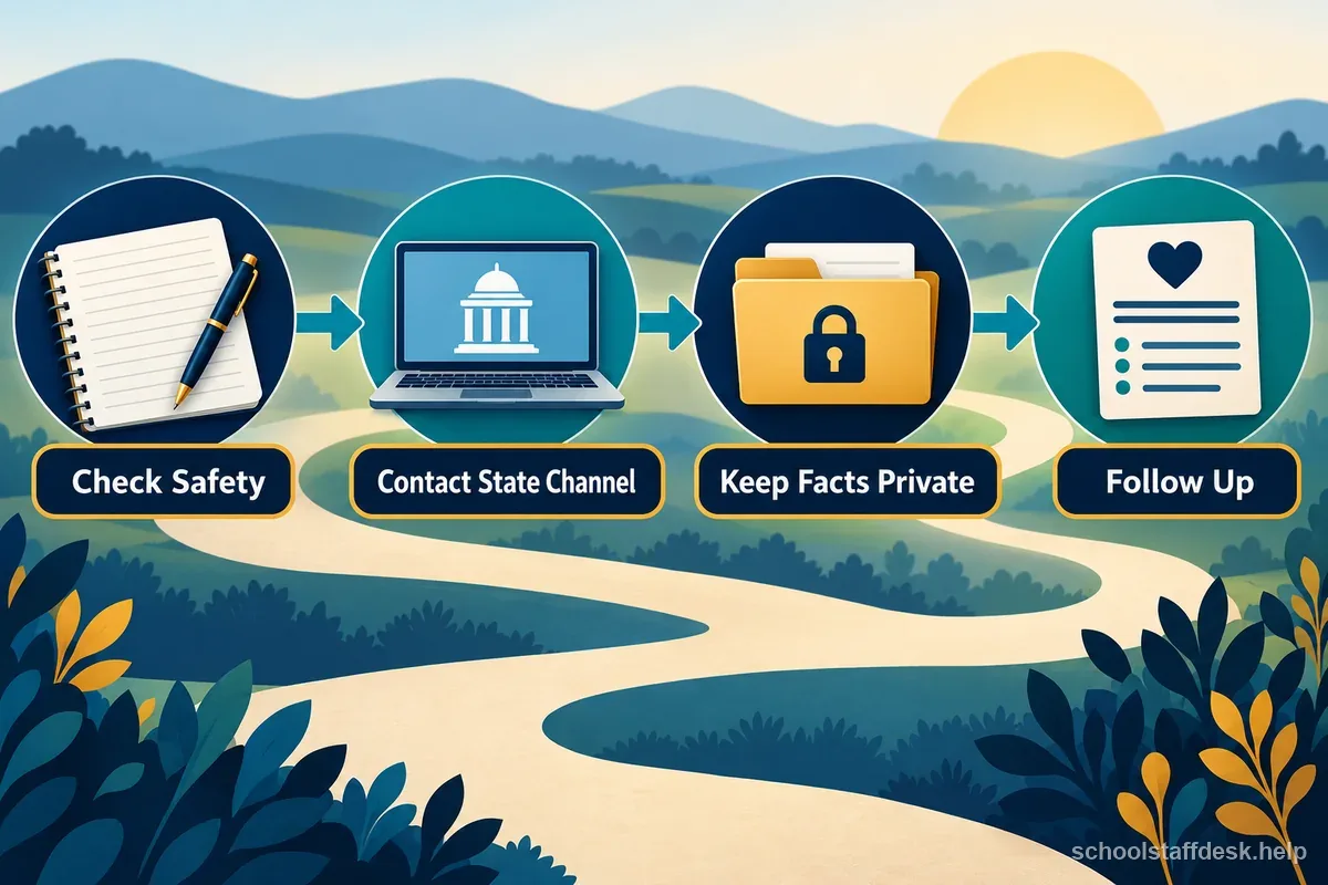 A quiet illustrated pathway connects a safety check, state reporting channel, private record, and follow-up.