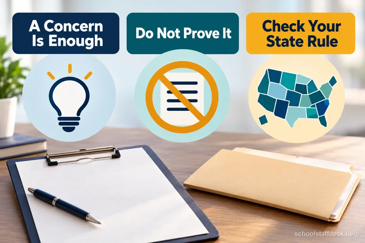 An illustrated report folder and abstract state map carry reminders that a concern is enough and reporters do not prove it.