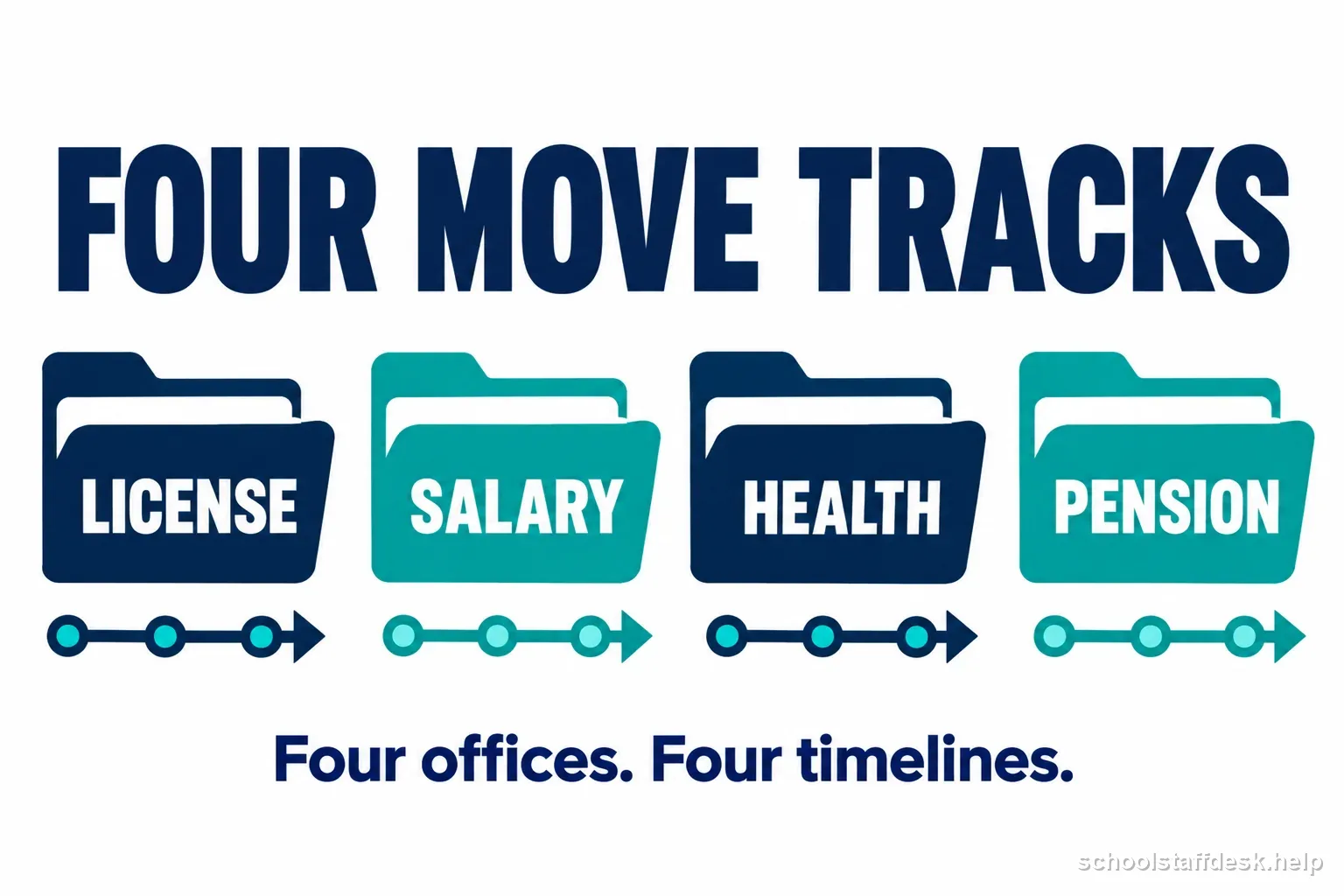 Four labeled folders show license, salary, health coverage, and pension as separate school job transfer tracks