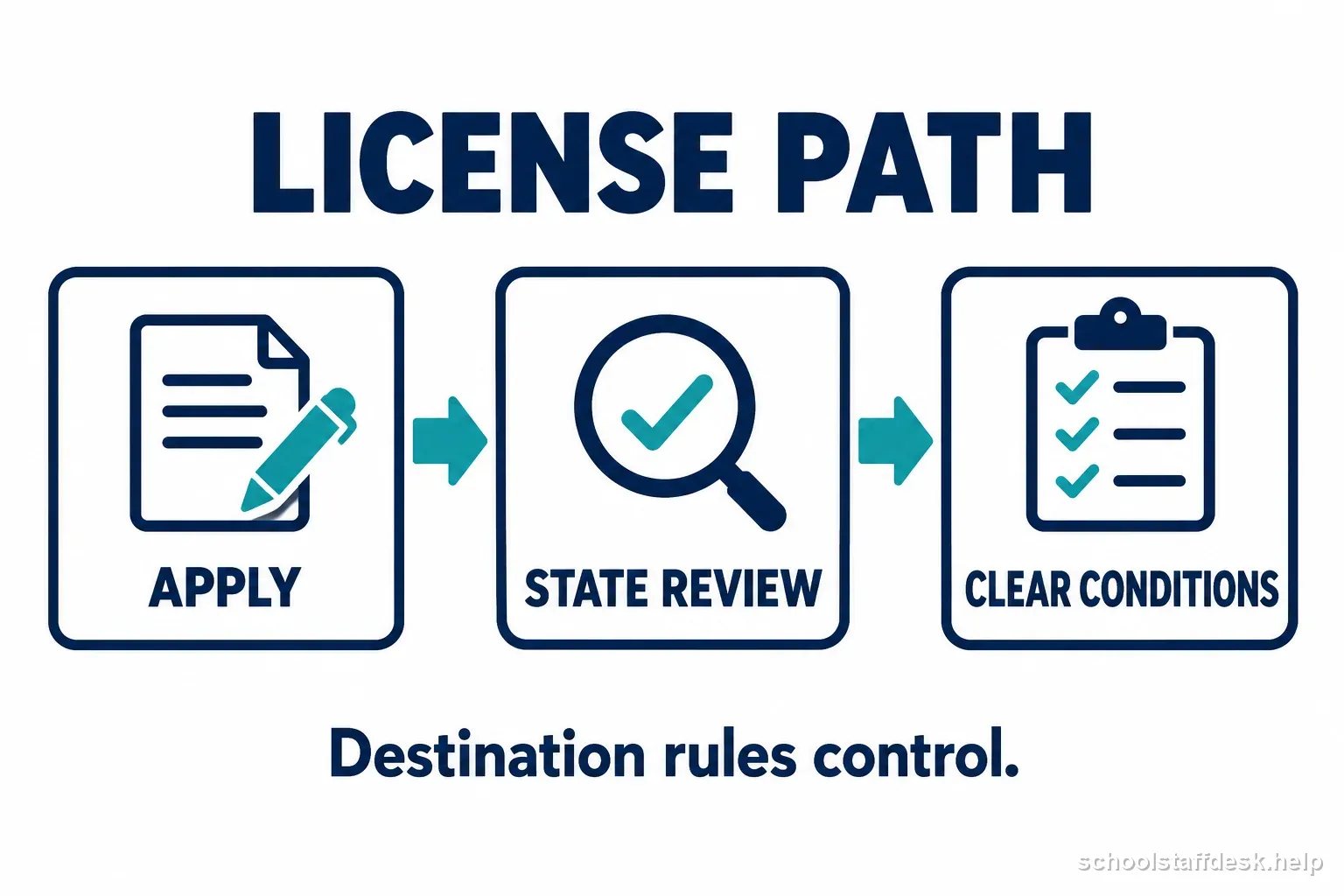 A labeled license path shows apply, state review, and clearing conditions for an educator moving states