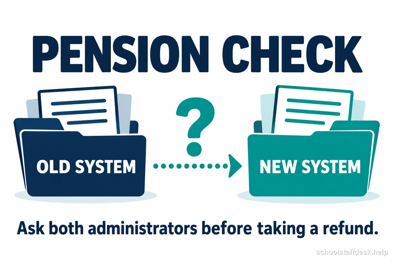 Two separate pension folders labeled old system and new system show an unanswered service transfer question
