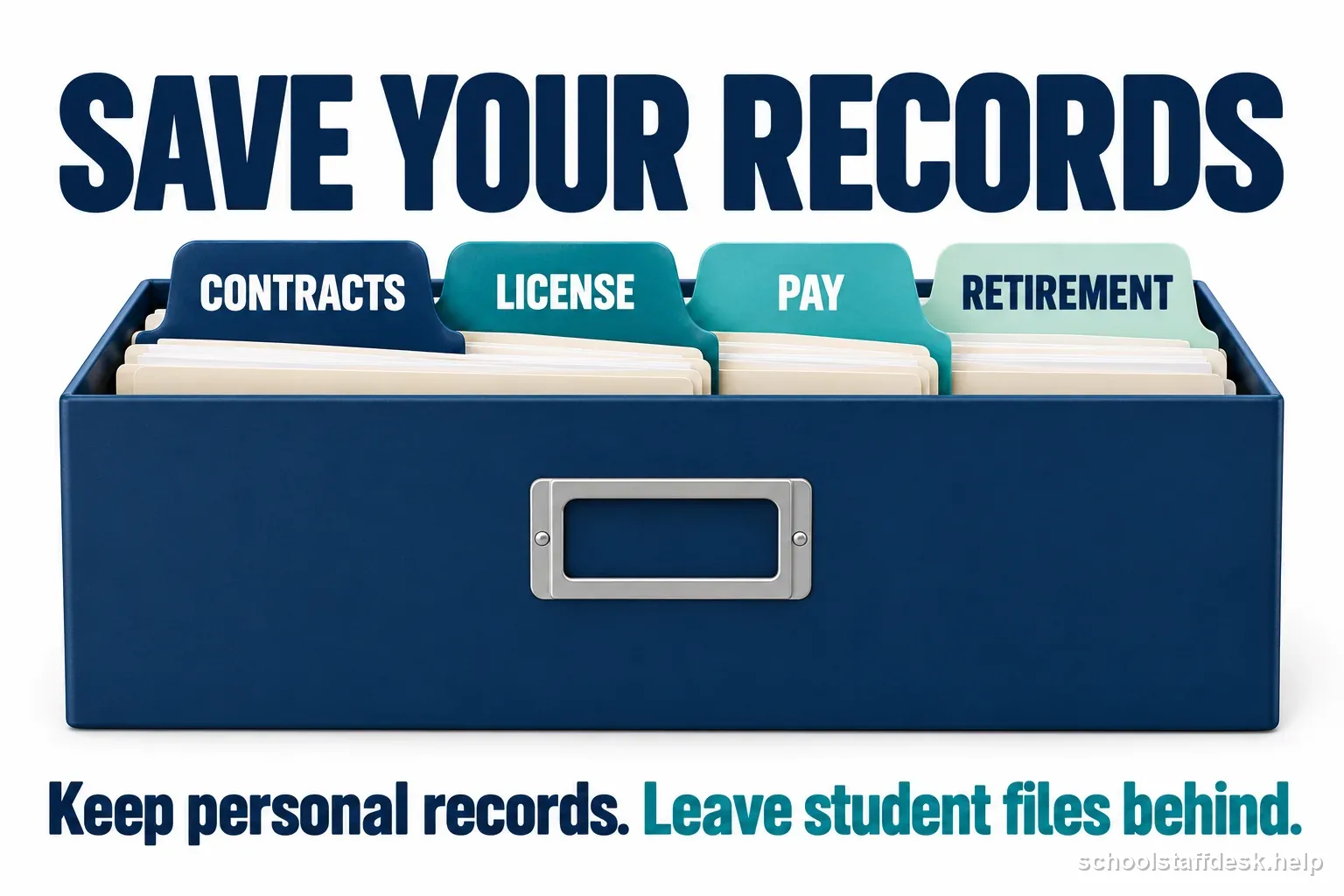 A labeled records folder holds contracts, license, pay, and retirement documents before a district move