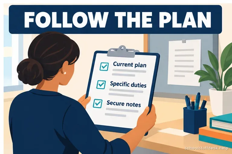 A school staff member checks a generic plan for current directions, specific duties, and secure notes