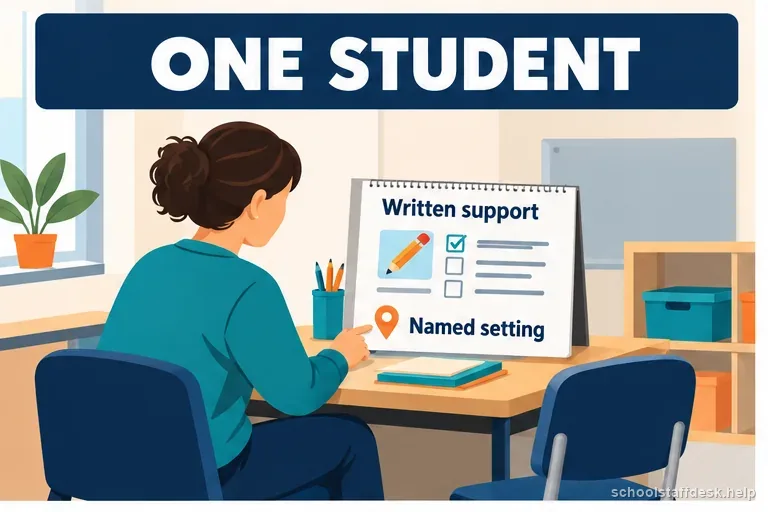 A school aide reviews a written one-student support card with a named setting in an empty classroom