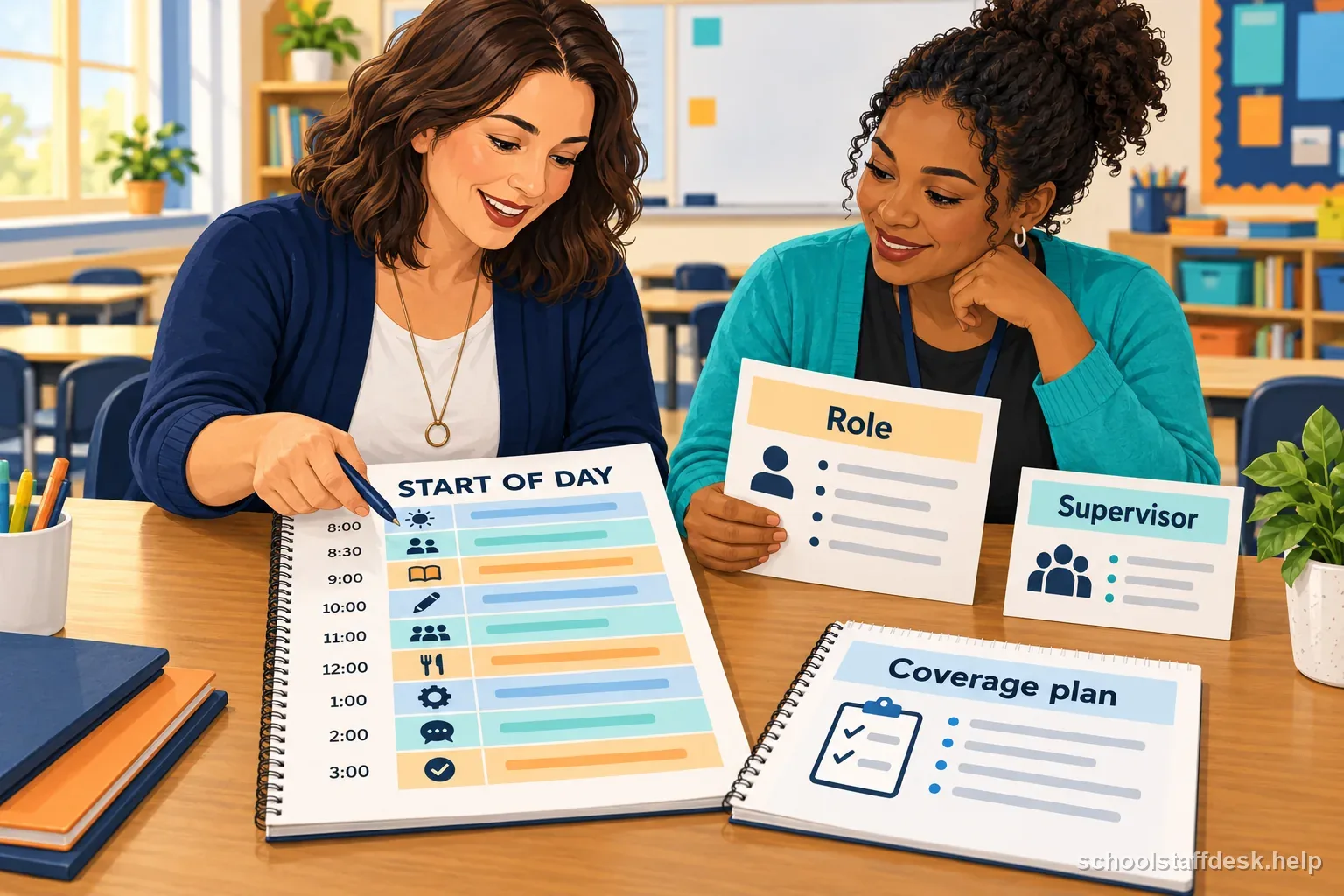 Two adult school staff review a schedule, role card, supervisor contact, and coverage plan together