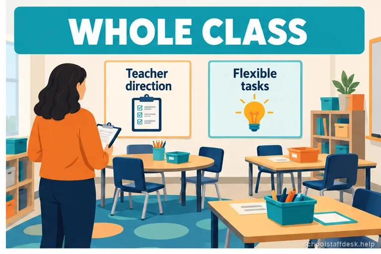 A paraprofessional checks teacher directions and flexible station tasks in an empty classroom