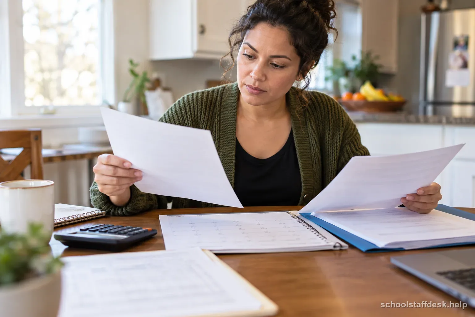 A school paraprofessional compares a job offer, work calendar, and benefits documents