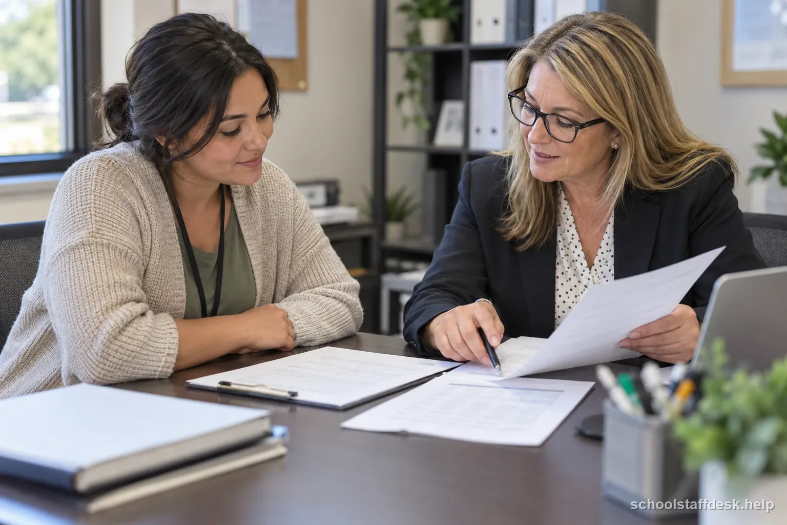 A paraprofessional and HR specialist review a weekly schedule and benefit enrollment forms