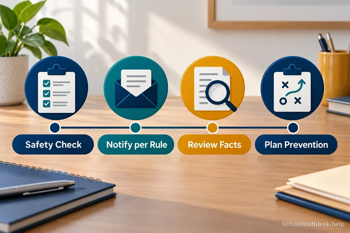 A four-step school safety timeline covers a safety check, notification under local rules, factual review, and prevention planning.