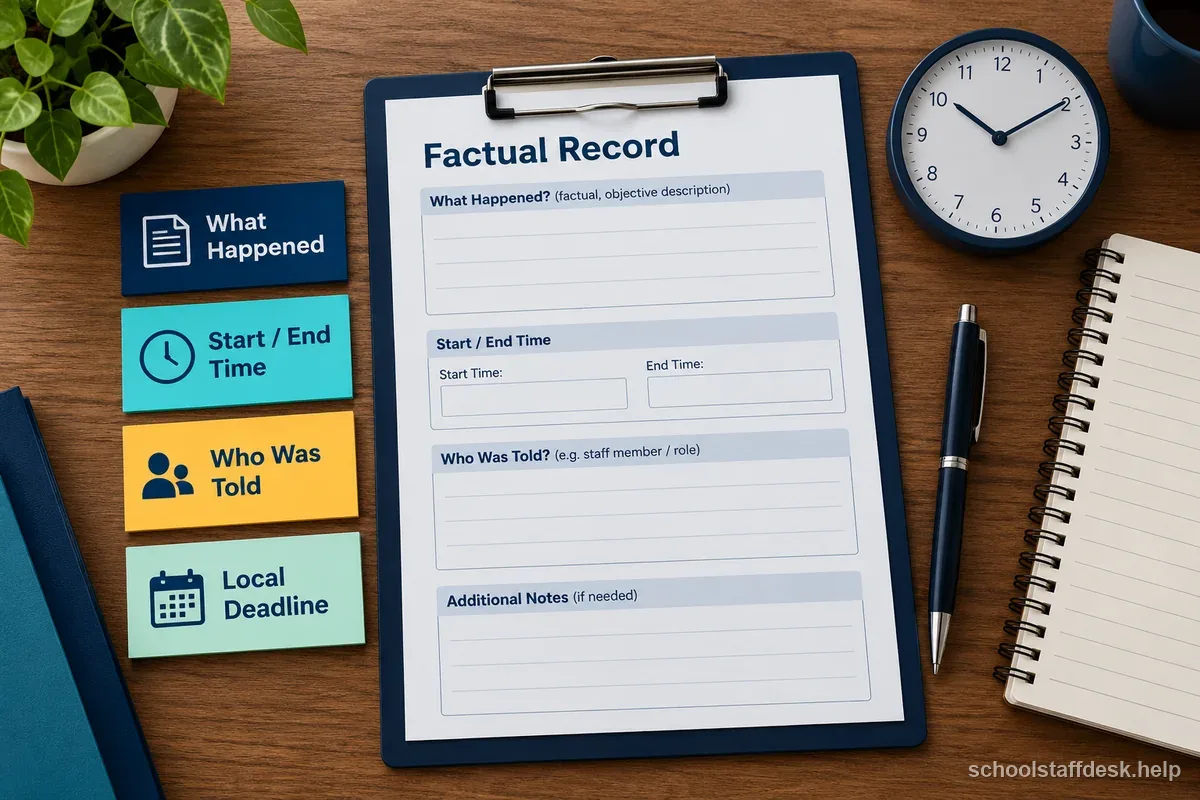 A blank sample incident record and clock highlight factual notes, start and end time, who was told, and the local deadline.