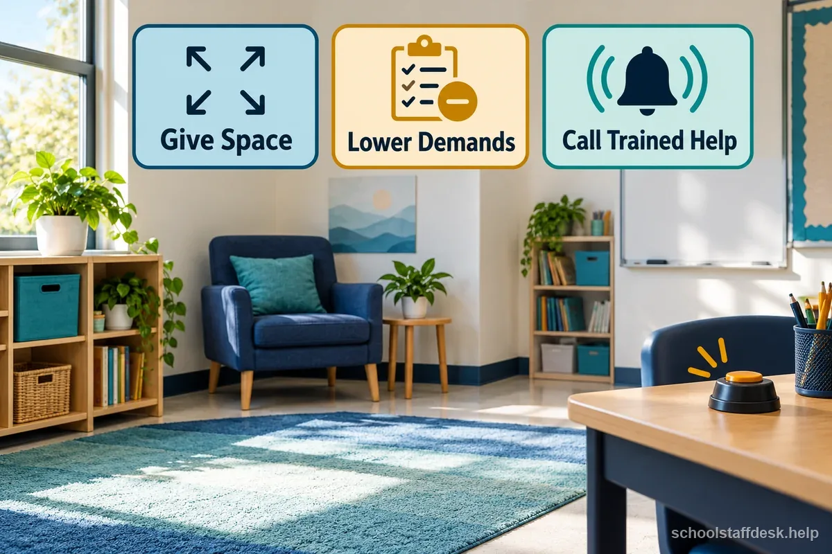 An empty classroom corner shows open space, a calm chair, and prompts to give space, lower demands, and call trained help.