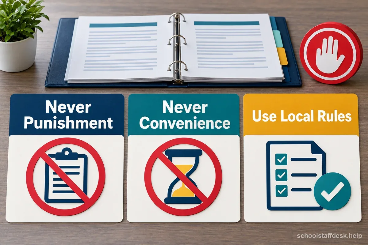 A policy binder and three labeled cards show that intervention is never punishment or convenience and local rules apply.