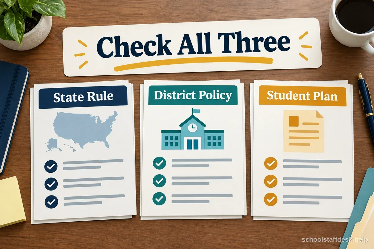 Illustrated desk cards compare state restraint rules, district policy, and a student's plan, with a reminder to check all three.