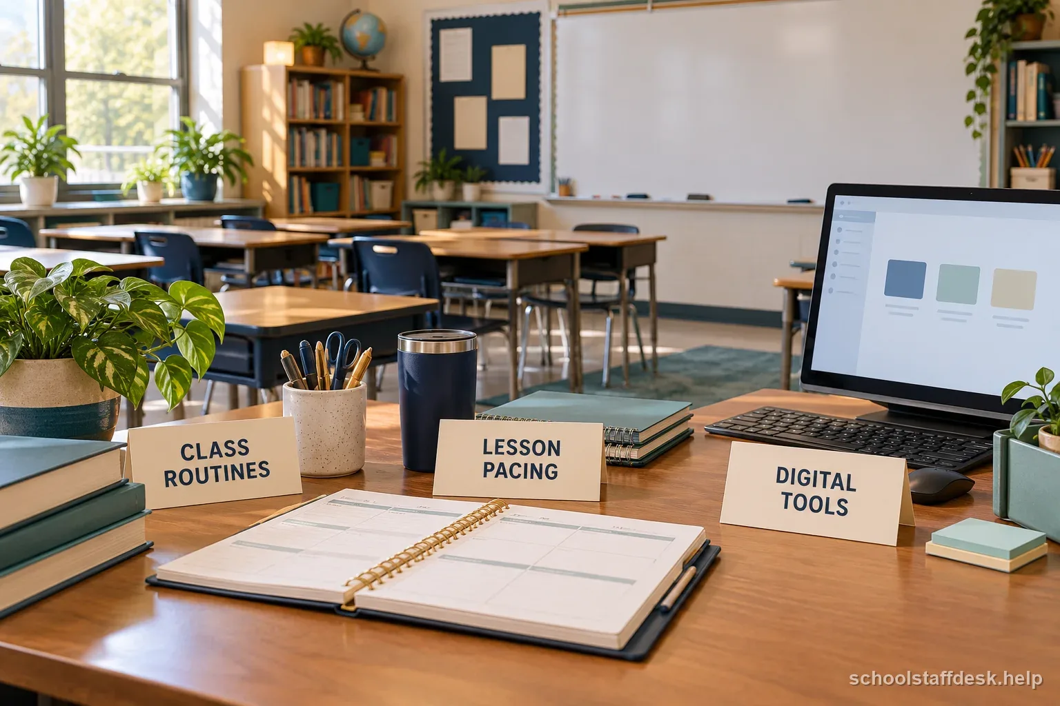 An empty classroom desk holds a planner and labels for class routines, lesson pacing, and digital tools.