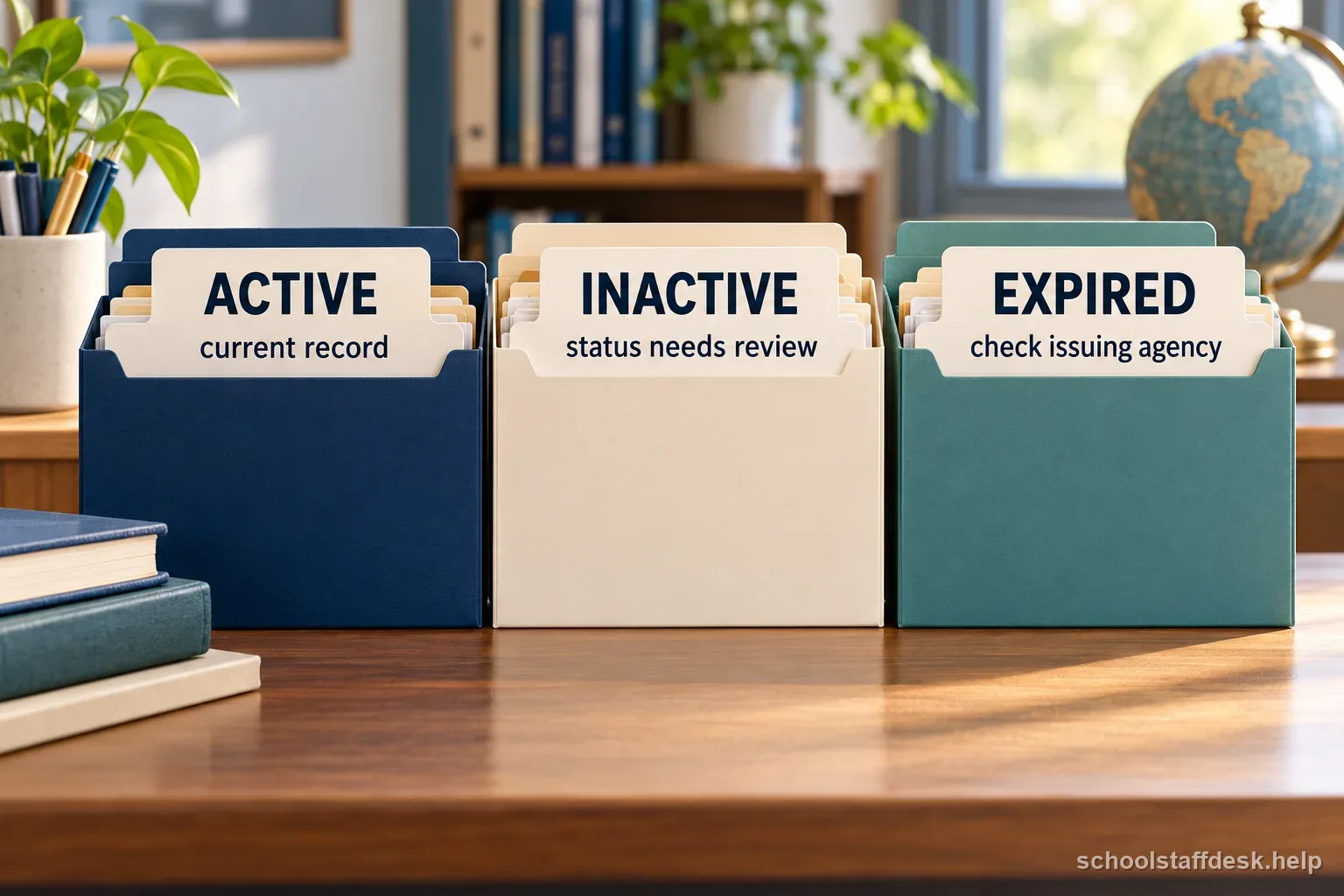 Three credential folders compare active, inactive, and expired teacher license statuses with next steps.