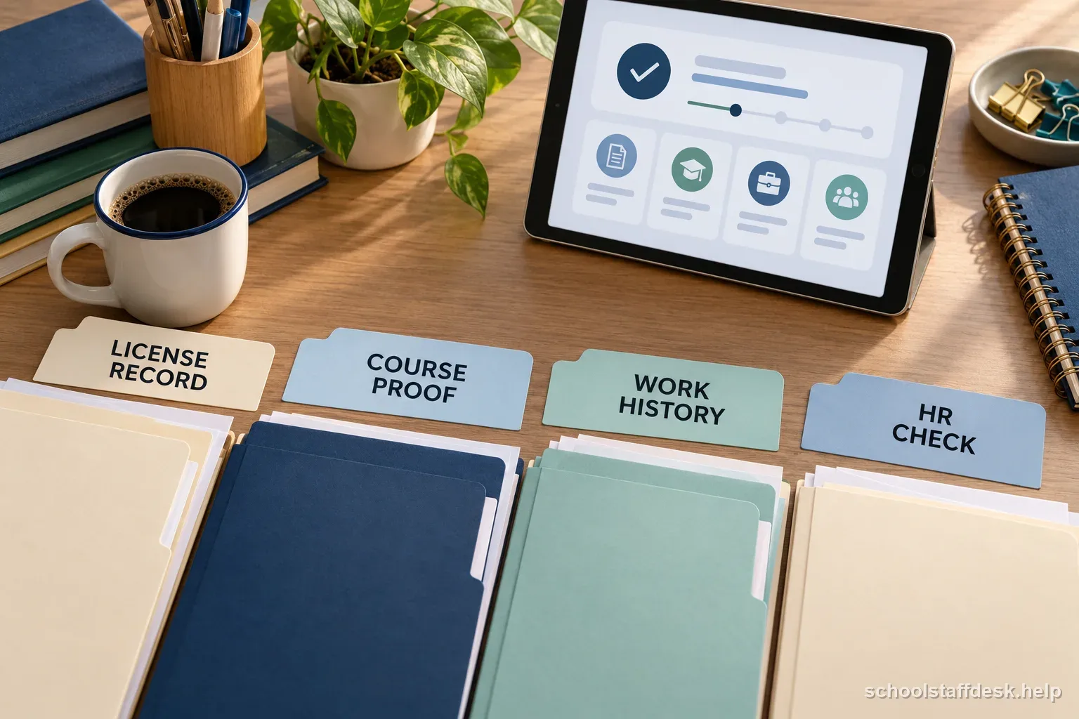 A teacher return desk sorts a license record, course proof, work history, and an HR check.