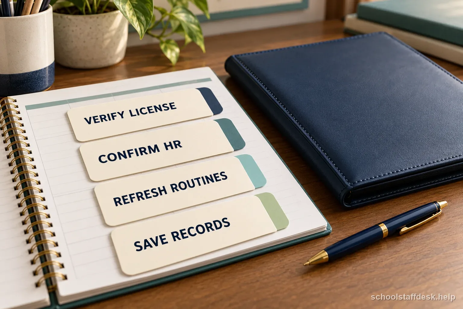 A weekly planner lists four return steps: verify license, confirm HR, refresh routines, and save records.