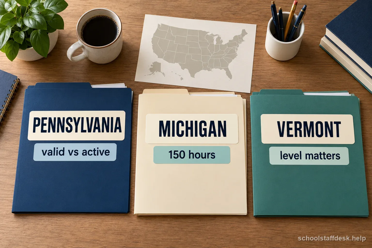Folders labeled Pennsylvania, Michigan, and Vermont show that teacher license rules differ by state.