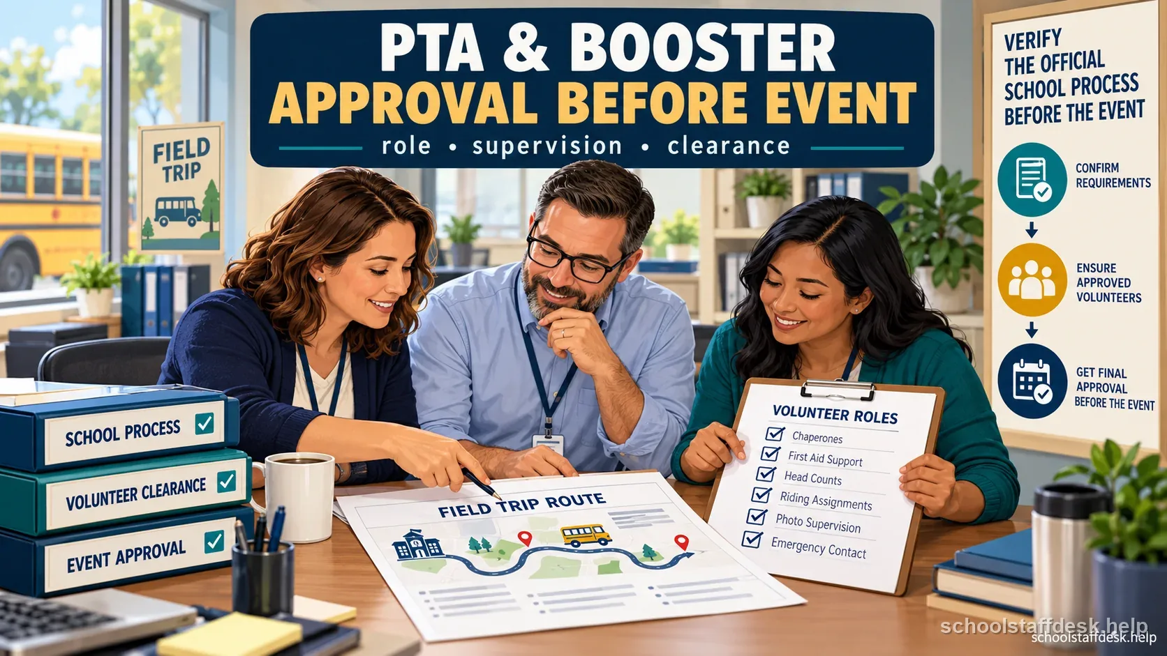 A school office checks the approval and event details for a supervised student activity.