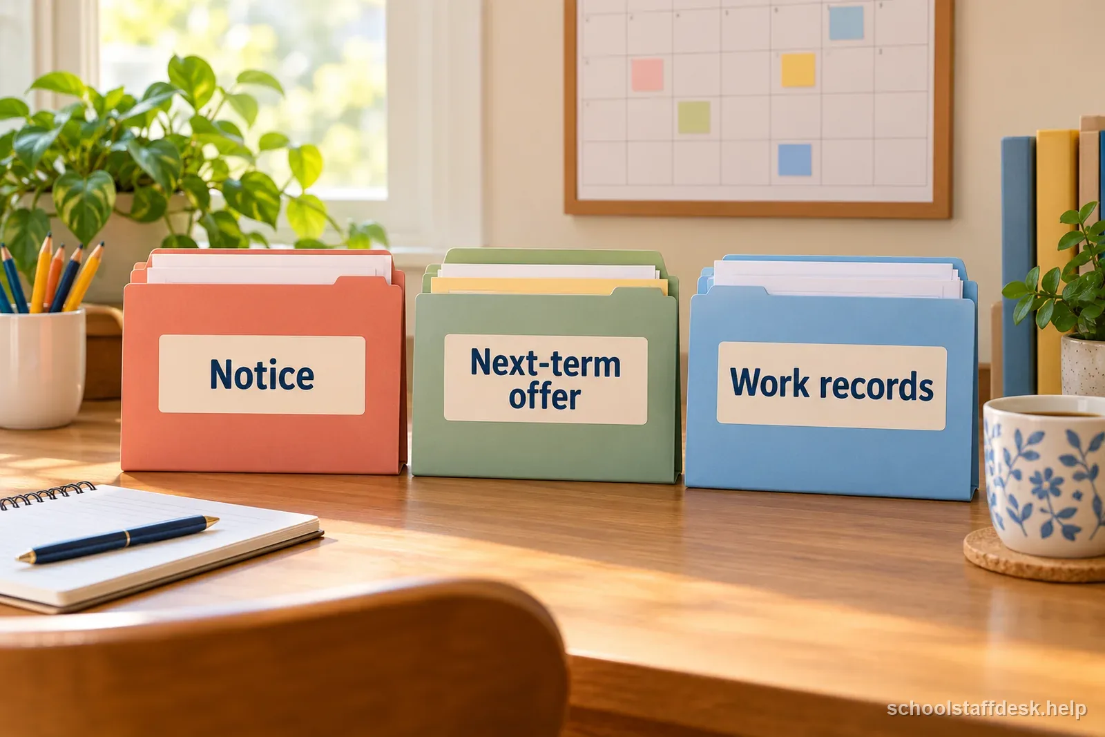 Three labeled folders show a substitute notice, next-term offer, and work records on a school office desk.