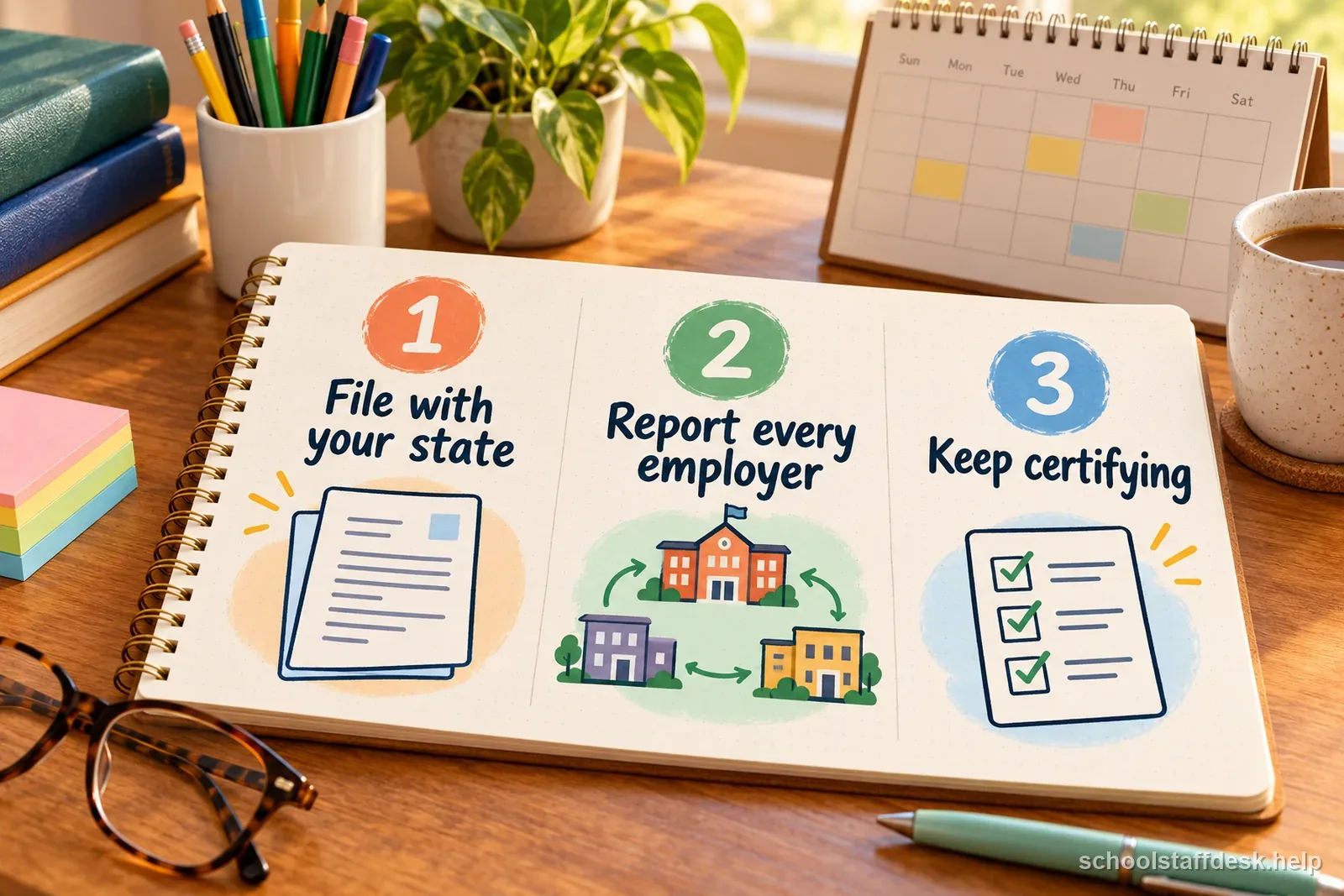 A school staff claim checklist shows filing with the state, reporting every employer, and continuing weekly certifications.
