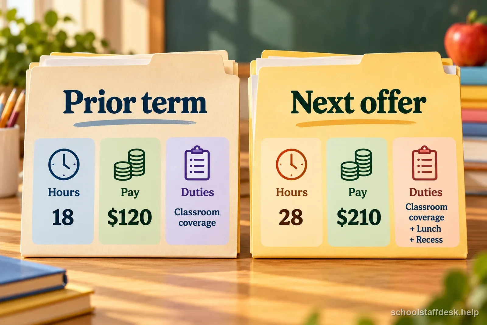 Two folders compare substitute hours, pay, and duties in a prior term and a next-term offer.