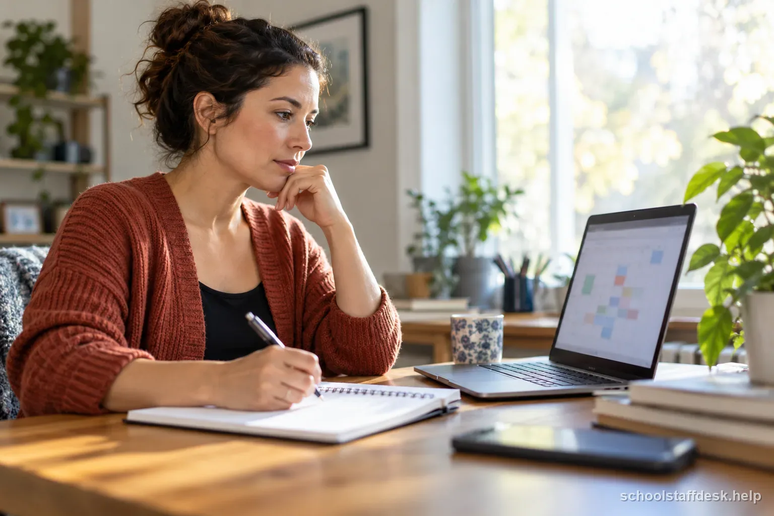 A substitute teacher reviews assignment dates and a school schedule at a home desk