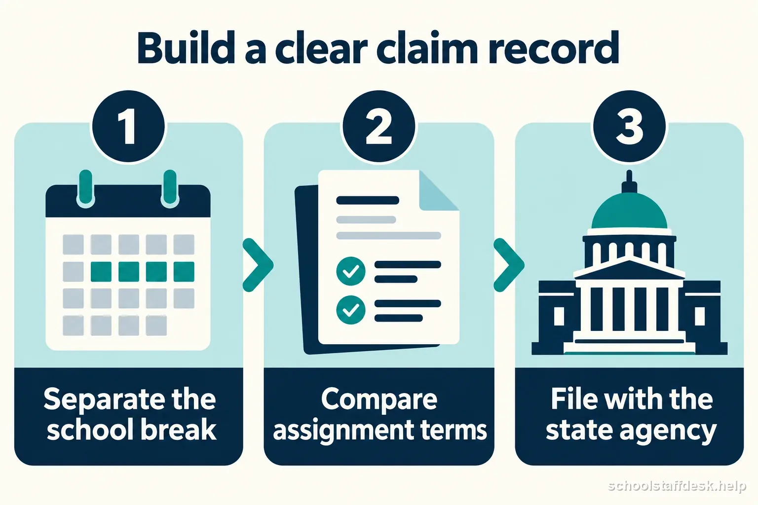 A three-step claim record guide separates the school break, compares assignment terms, and files with the state agency