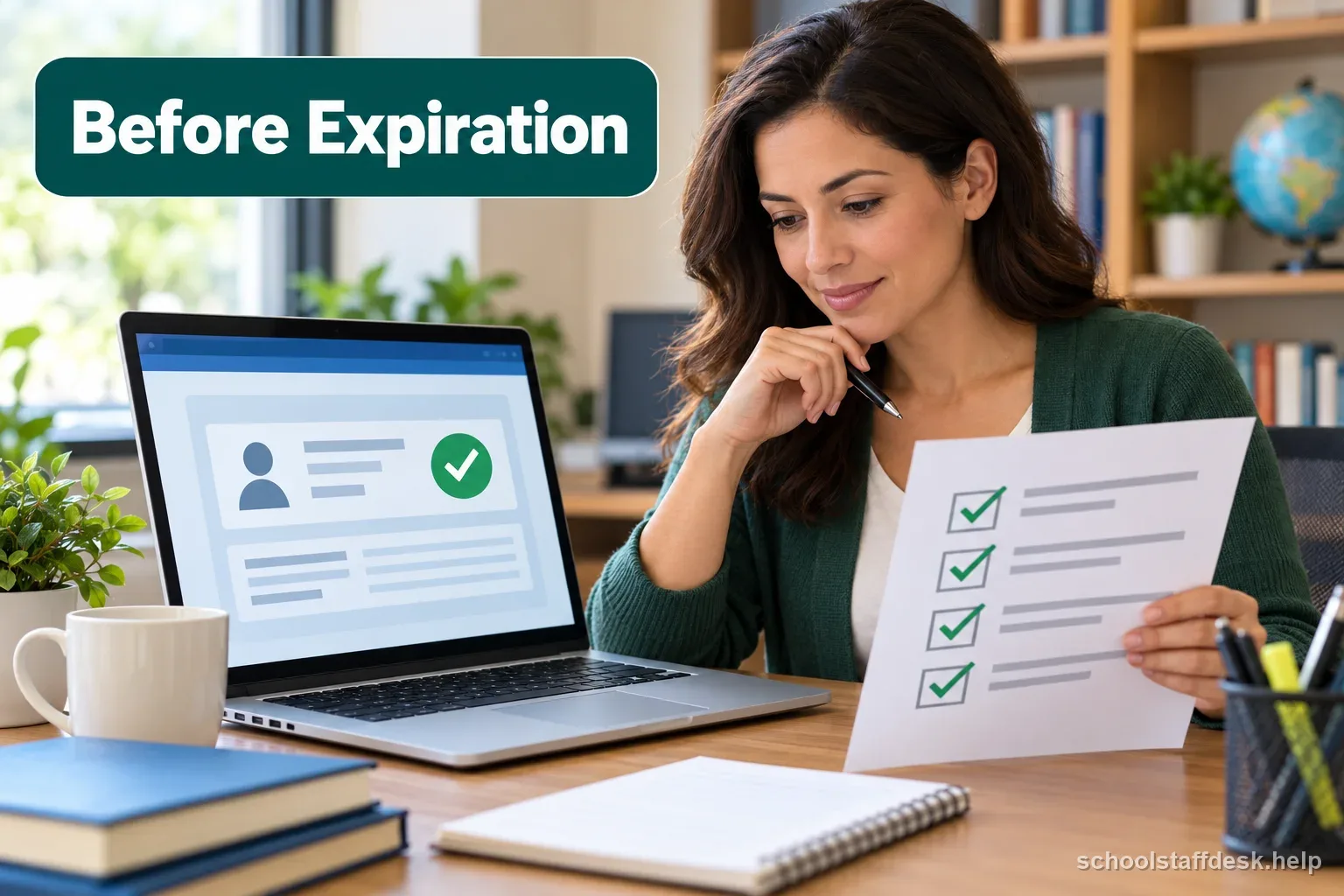 A teacher reviews the state renewal portal and a checklist before a credential expires.