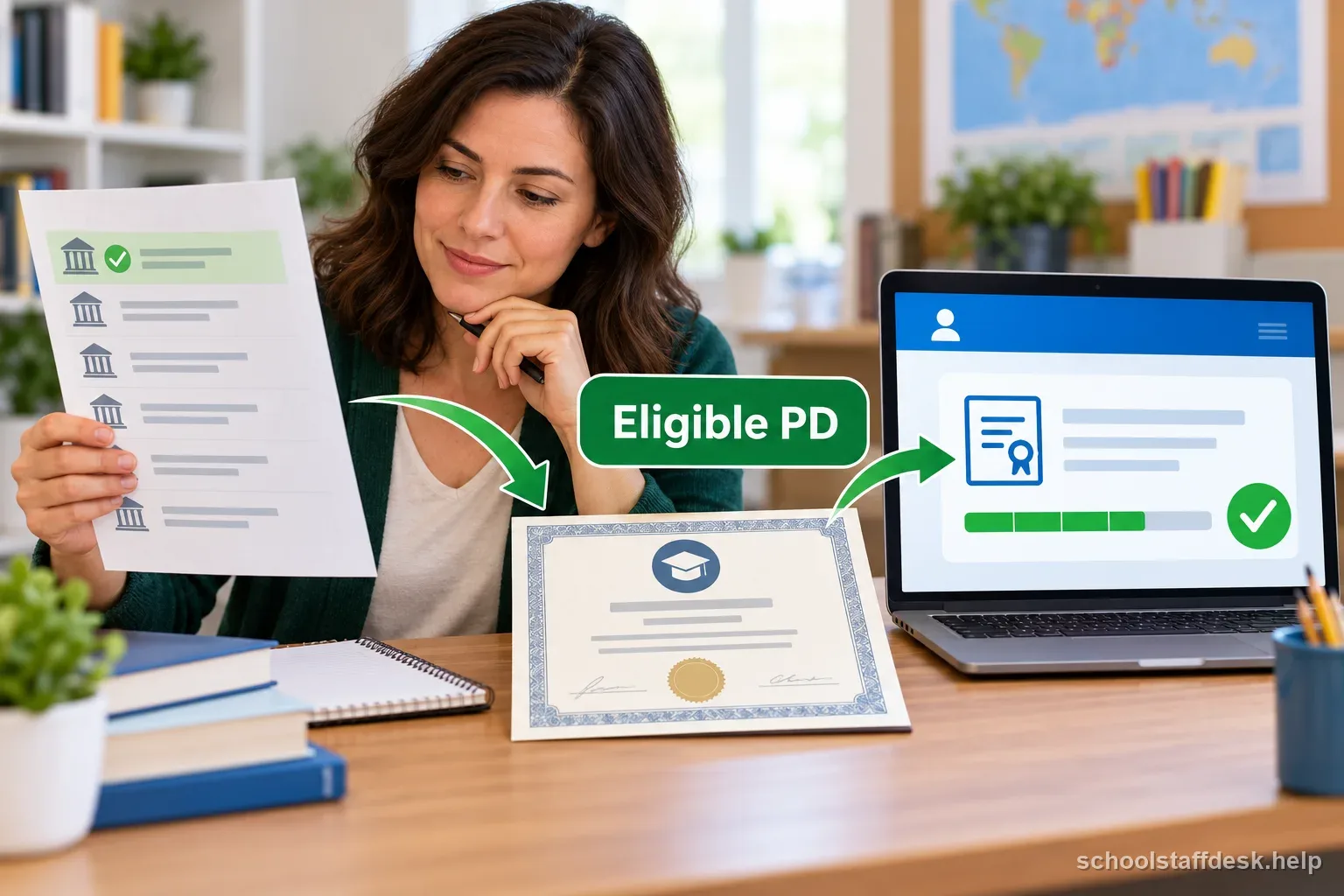 A teacher checks an approved provider list beside a course certificate and a state renewal portal.
