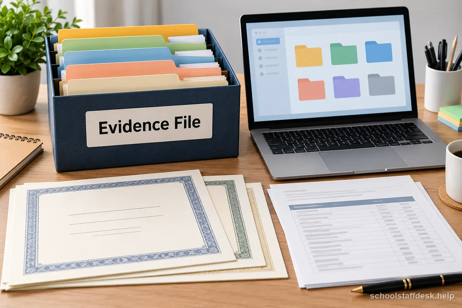 Course certificates and transcripts are organized in a renewal evidence file beside a digital record.