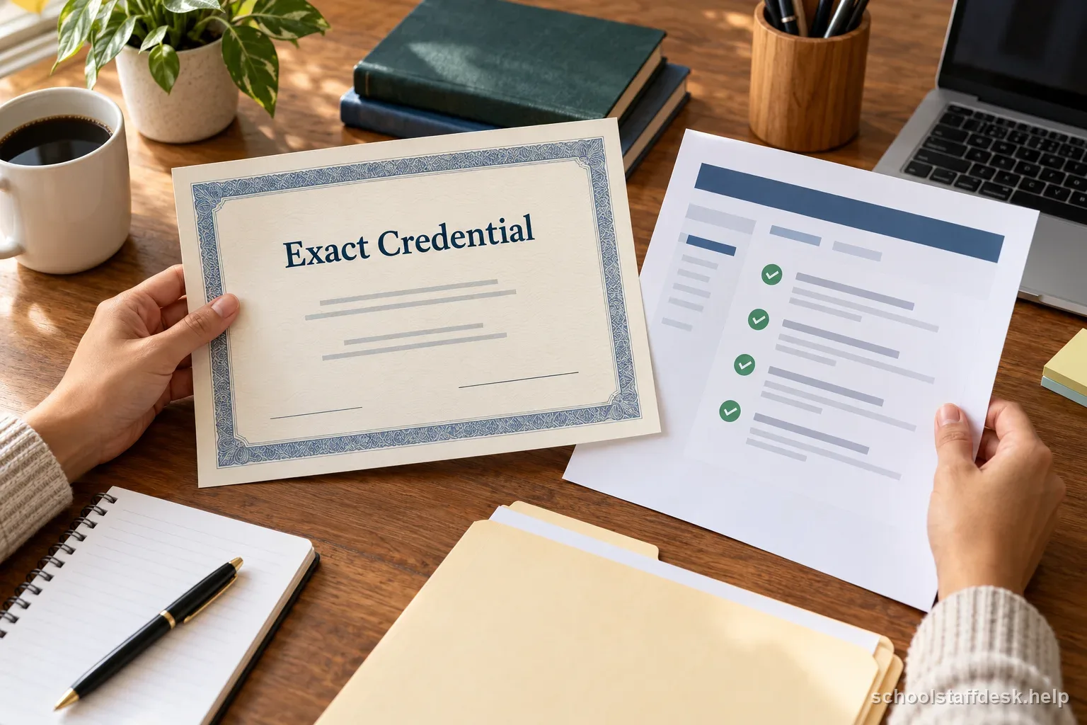 A teacher compares the exact credential document with a state portal checklist before planning renewal.
