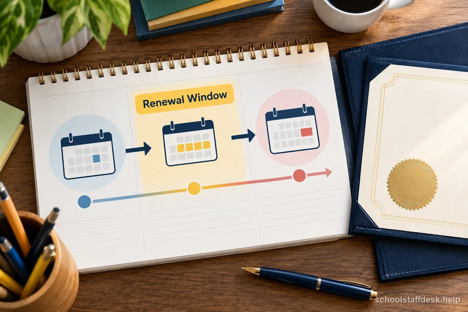 A paper calendar traces a teacher license from the current renewal cycle toward its expiration date.